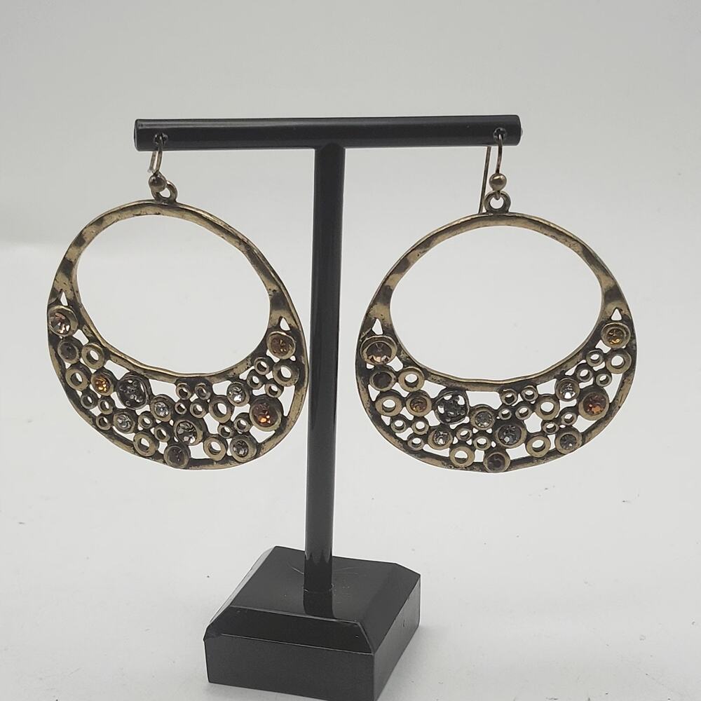 Antiqued Brass Tone Oval Hoop Dangle Earrings Rhinestone Openwork Boho Pierced